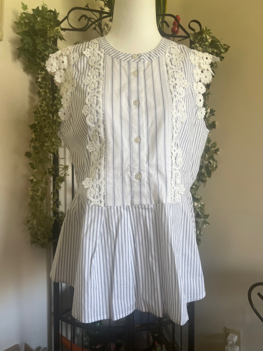 Striped Peplum women’s Top/Blouse, M,  with Lace Trim - Blue & White